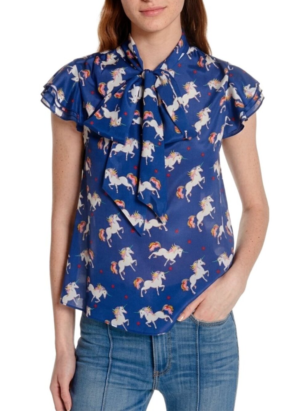 Alice + Olivia Laney Unicorn Tie Neck Silk Blouse Navy Flutter Sleeve M L